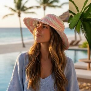 Vintage Limited Too Aloha Summer Straw Sun Hat Pink Striped Sequin Pom Pom Y2K